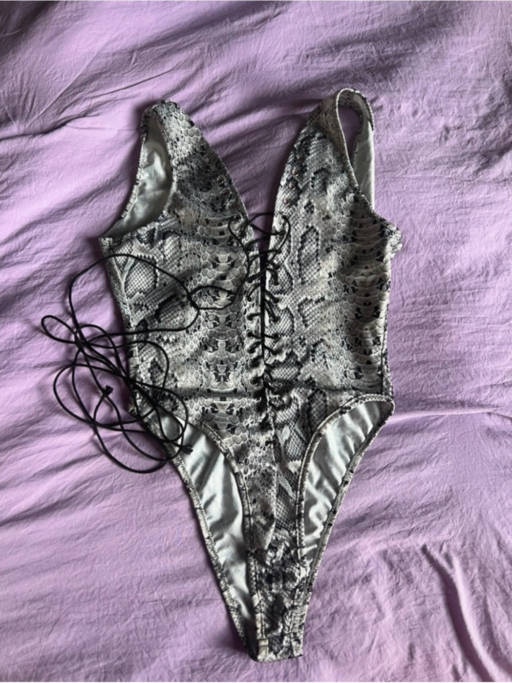 CBR Snakeskin Lace-Up One-Piece Swimsuit in Gray and Black